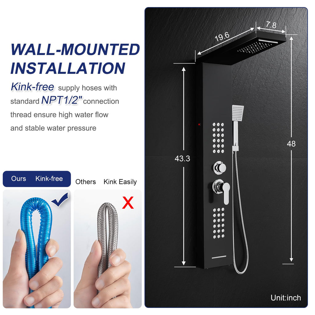 5 in 1 LED Rainfall Waterfall Shower Panel Tower System, Black