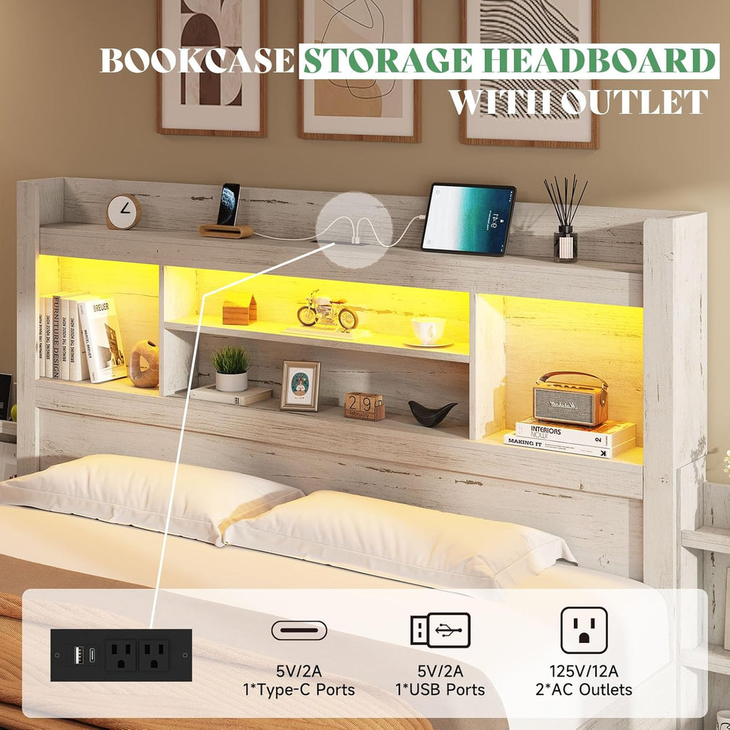 Queen Bed Frame with 4 Storage Drawer, LED Bed Frame with 49.6" Tall Bookcase Headboard, Wood Platform Bed with Charging Station & 2 Slide Bedside Shelf, No Box Spring Needed/Distressed White