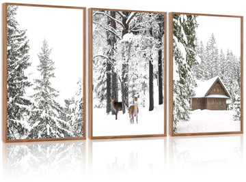 Winter Wonderland Framed Canvas Wall Art Set Of 3, Nature Deer Wall Decor, Snowy Landscape Wall Painting, Farmhouse