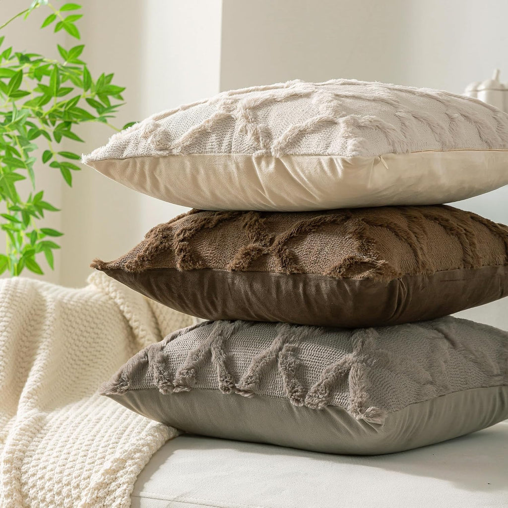 Set of 2 Soft Moroccan Throw Pillow Covers 18x18 Inch Plush Boho Decorative Pillow Cover Accent Cushion Case, Beige