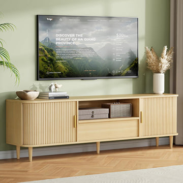 Mid-Century Modern Fluted TV Stand for 65/70/75/80 Inch TVs, 69" Entertainment Center with Grooved Sliding Doors & Drawer, Modern Wood Light Oak Media Console Table for Living Room