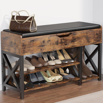 Shoe Bench, Lift Top Shoe Storage Bench, Adjustable Shelf Entryway Bench, Metal and Wood Shoe Rack Organizer with