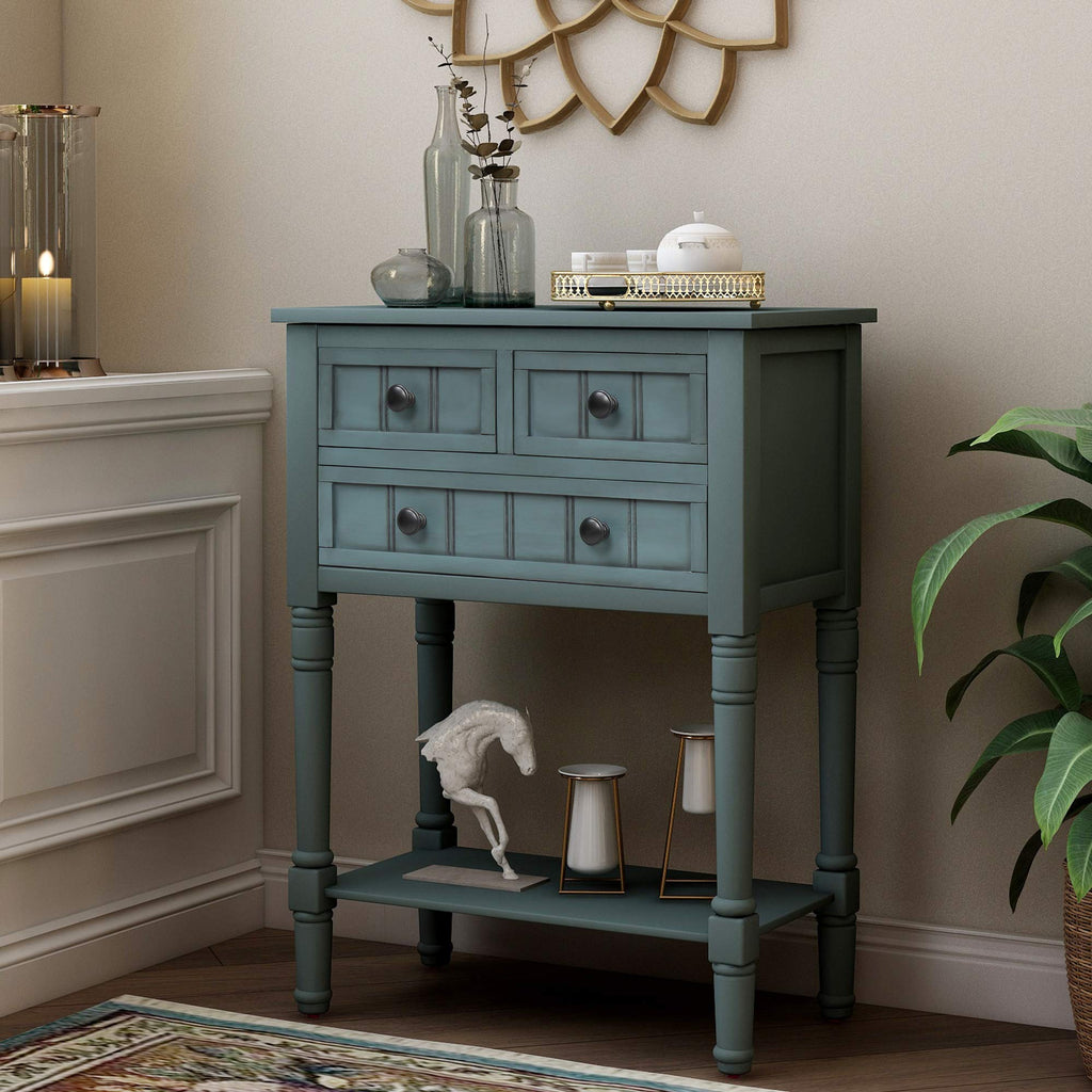 Narrow Console Table, Farmhouse Entryway Table Slim Sofa Table with Three Storage Drawers and Bottom Shelf, Wood
