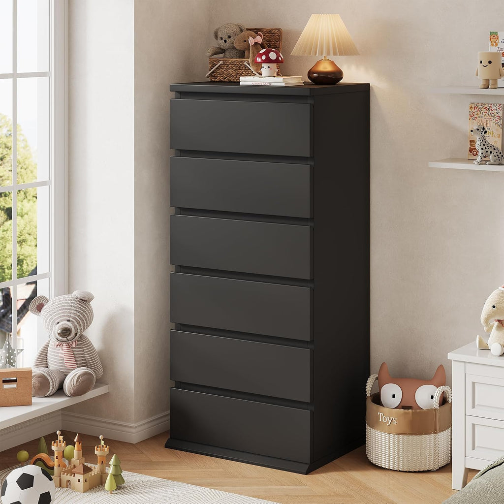 Black Dresser, 6 Drawer Dresser , Wooden Chest of Drawers with Handleless Drawers, 19.7" W x 15.7" D x 47.2" H