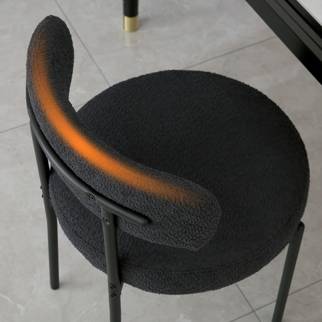 Black Boucle Dining Chairs Set of 2, Mid Century Modern Kitchen Chairs with Curved Backrest and Metal Legs