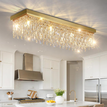 Rectangular Crystal Chandelier Flush Mount 40" Gold Ceiling Light,Large K9 Raindrop Light Fixture,8 Lights Modern