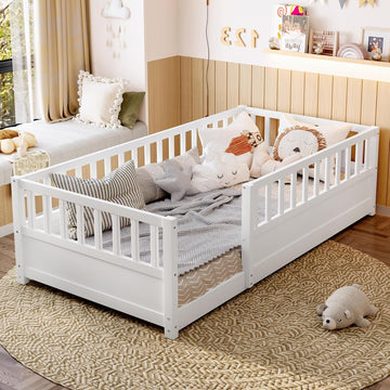 Twin Size Montessori Floor Bed with High Rails, High Rails Floor Bed with Slats and Fence, Easy Assemble Montessori