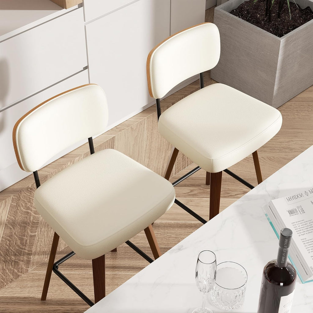 Swivel Bar Stools Set of 2, 26" Upholstered Faux Leather Counter Height Barstools with Walnut Back & Bentwood Legs