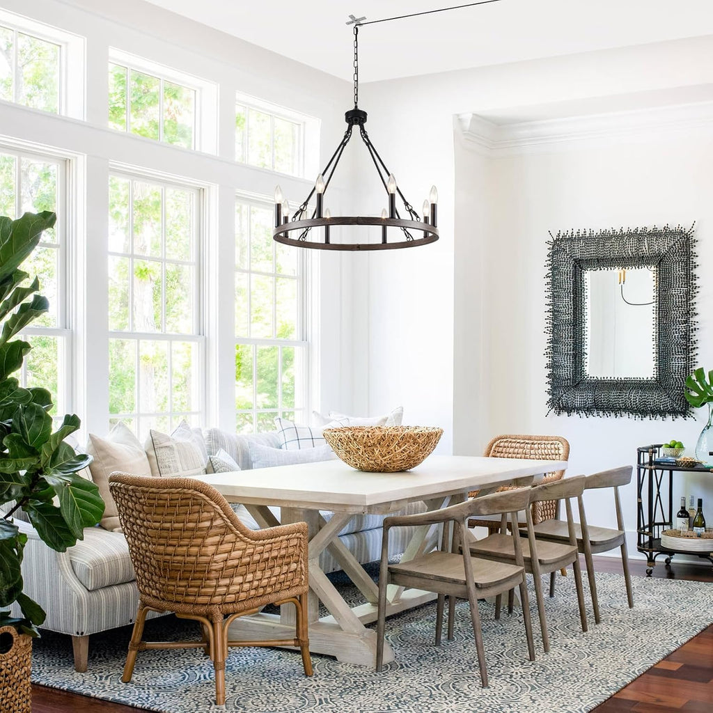 Plug in Chandelier Wagon Wheel, 8 Light 23.6'' Round Farmhouse Hanging Light with Plug in Cord