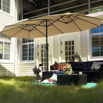 15FT Patio Umbrella with Base, Large Double-Sided Outdoor Market Umbrella with Crank Lift, UV-Resistant Canopy Khaki