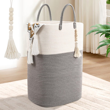 Woven Laundry Basket for Clothes, 50L Large Rectangle Laundry Hampers with Beads Tassel, Nursery Storage Basket for