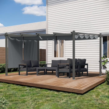 12x14 FT Outdoor Pergola - Retractable Shade Canopy with Aluminum Frame & Roller Shade Curtains for Patio