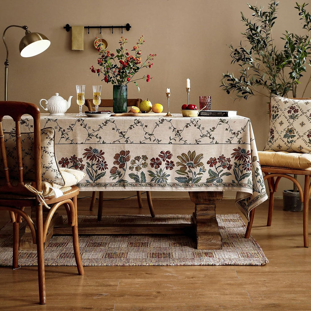 Designer Linen French Tablecloth for Rectangle Table,Fall Country Breathable Floral Tablecloths,Tabl