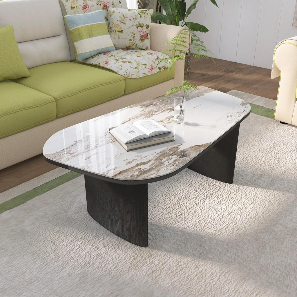 Luxury Marble Coffee Table, Premium Sintered Stone Top, Natural Wood Look Base, Modern Design Stone Cocktail Table, Ma