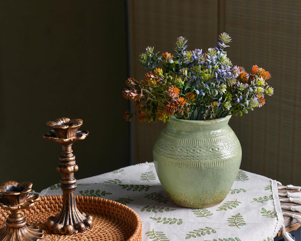 Ceramic Rustic Farmhouse Vase, Green Distressed Flower Vase