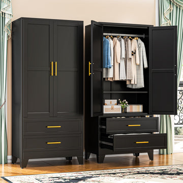71" Metal Wardrobe Cabinet with 2 Drawers and Hanging Rod Black