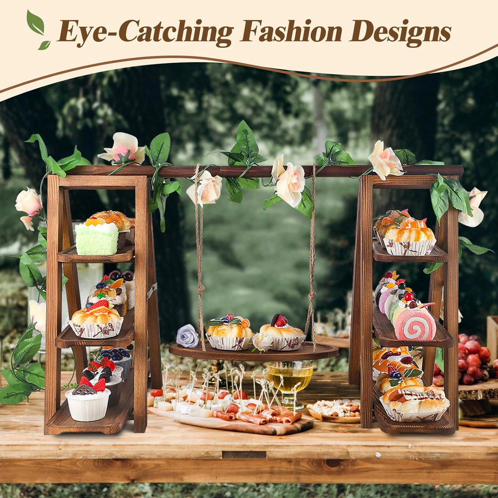 Wooden 3 Tier Cupcake Stand with Swing and Flower Decoration Serving Removable Tray Display Serving Ladder Foldable
