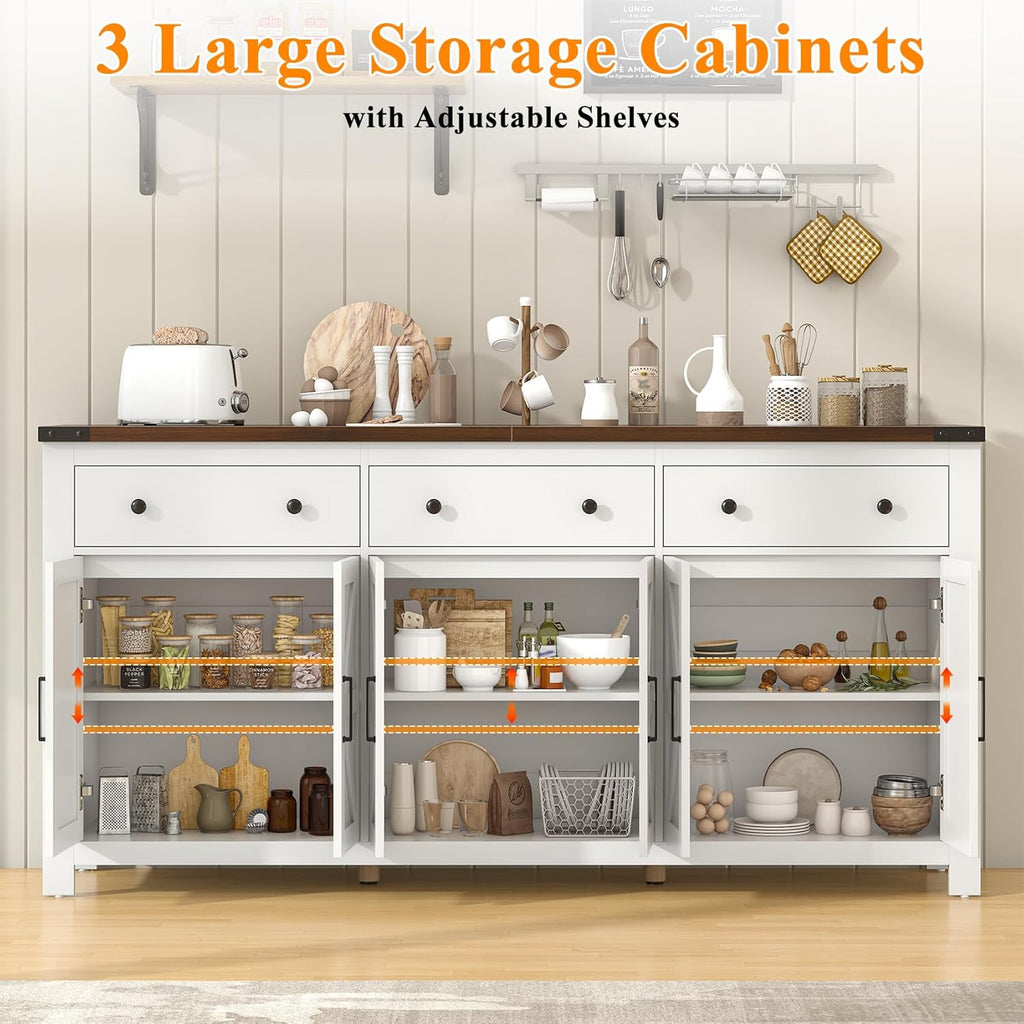 71" Large Sideboard Buffet Cabinet with Storage, Modern Farmhouse Coffee Bar with 3 Drawers and 6 Barn Doors