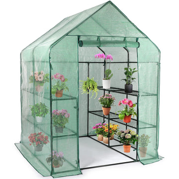 Walk-in Greenhouse - 3 Tiers 8 Shelves Plant Stands, Outdoor With Anchors Roll-up Zipper Door, Waterproof Gardening