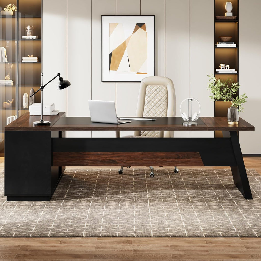 78" L-Shaped Executive Desk, Large Office Desk with Drawers and File Cabinet, Modern Business Furniture (Walnut & Black)