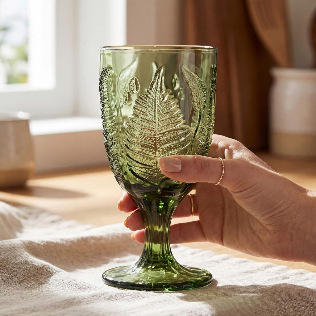 Green Glass Goblets Set of 4, 10 oz Hand-Pressed Vintage Glassware, Textured Fern Embossed Drinking Glasses, Boho