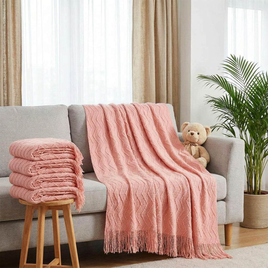 6 Pack Boho Knitted Throw Blankets with Tassels 50''x60'', Pink