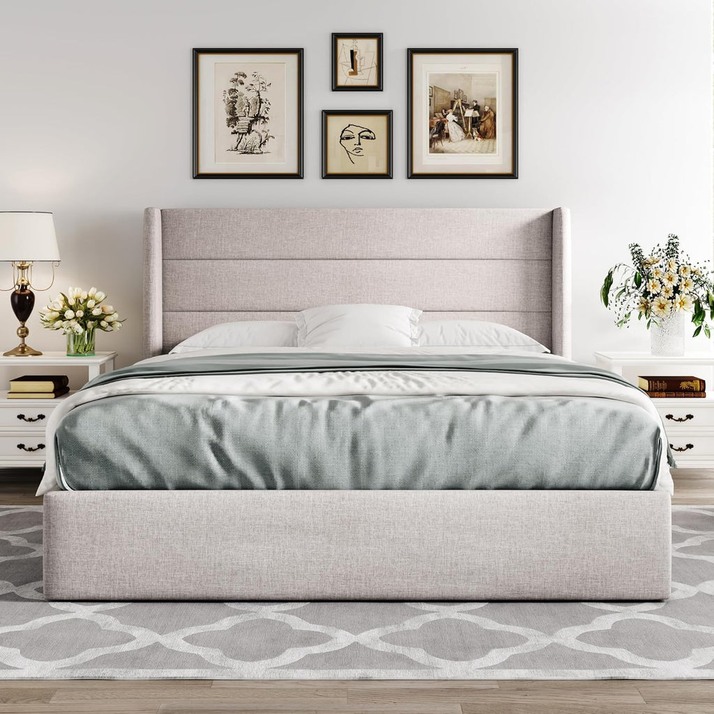 Queen Lift Up Storage Bed, Modern Wingback Headboard, Hydraulic Support, No Box Spring Needed, Light Beige