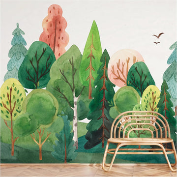 Woodland Nursery Wall Murals: Watercolor Forest Wallpaper | Nature Landscape Theme, Peel & Stick or Traditional