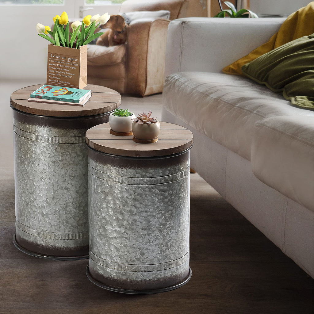 Rustic Storage Ottoman Seat Stool, Farmhouse Accent Side Table, Antique Galvanized Metal End Table Box Bin with Round