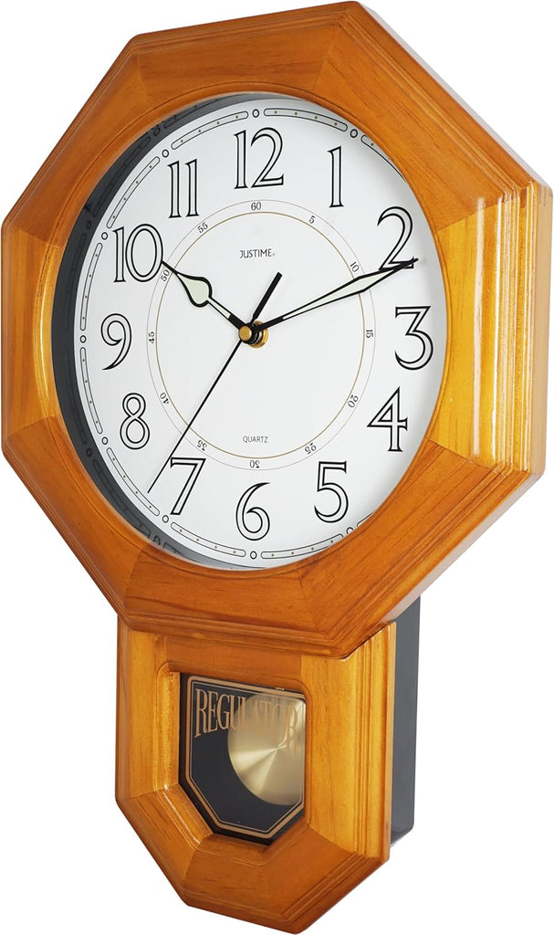 Traditional Luminous Schoolhouse Solid Wood Pendulum Wall Clock Chimes Hourly with Westminster Melody Chime Made in Taiwan (Natural Wood...