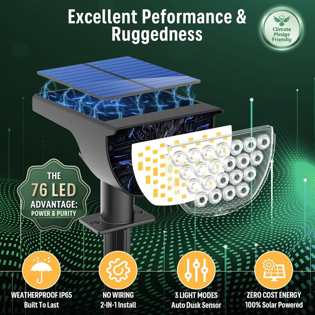 Solar Lights Outdoor Waterproof IP65, Solar Powered 76 LED 3 Lighting Modes Solar Spot Lights Outdoor for Yard Garden