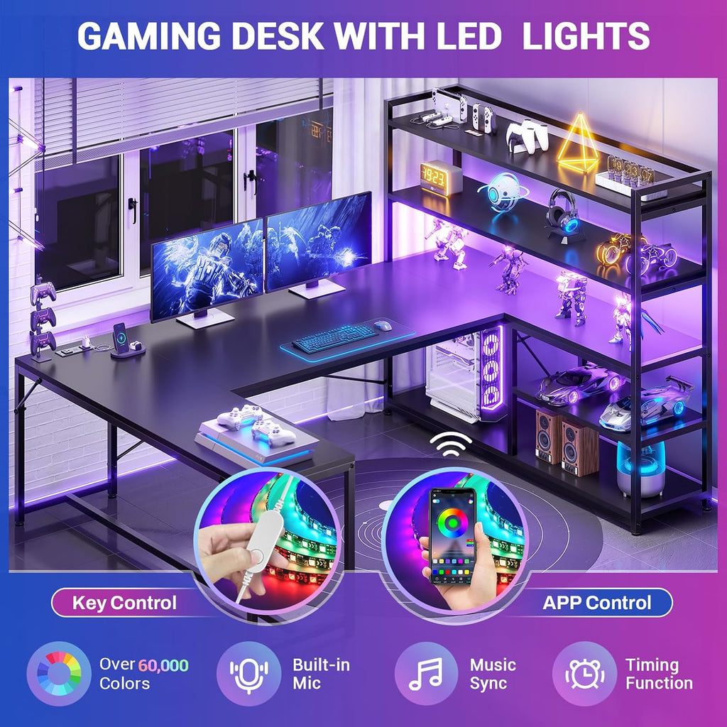 L Shaped Gaming Desk, 63'' Reversible Computer Desk with Power Outlet and Storage Shelves, Corner Gaming Desk with