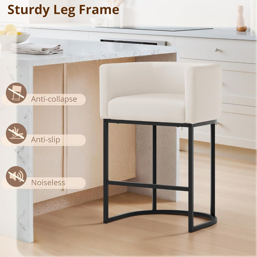 Counter Height Bar Stools Set of 3, Modern Barrel Counter Stools with Backrest and Arms, Black Metal Frames, Linen
