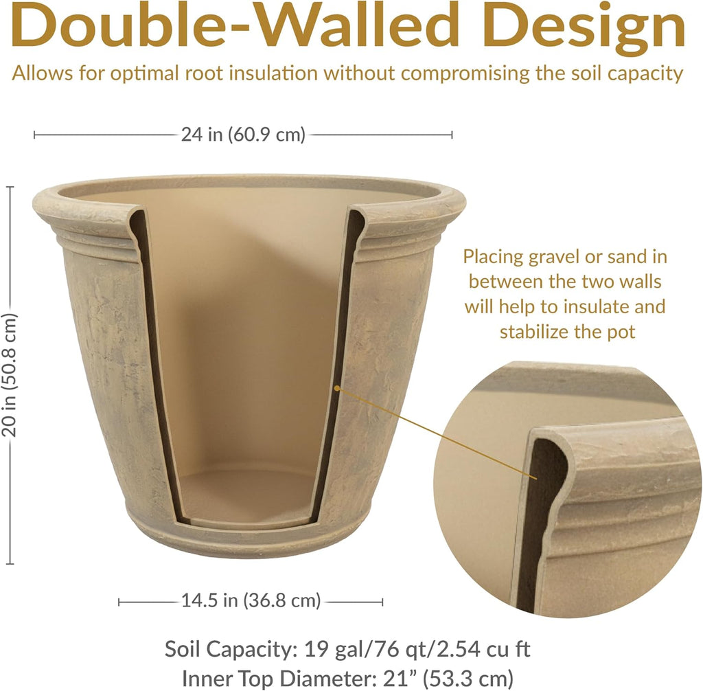 Anjelica 24'' Large Plastic Planter Pot for Plants, Beige | 19-Gallon Capacity, Large Plastic Planter for Outdoors