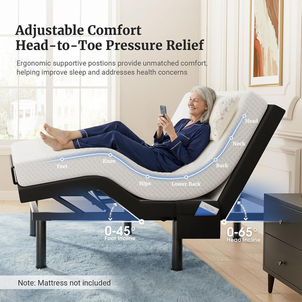T600 Adjustable Bed Base with Massage & Remote, Ergonomic Adjustable Bed Frame Full Size with Head & Foot Incline
