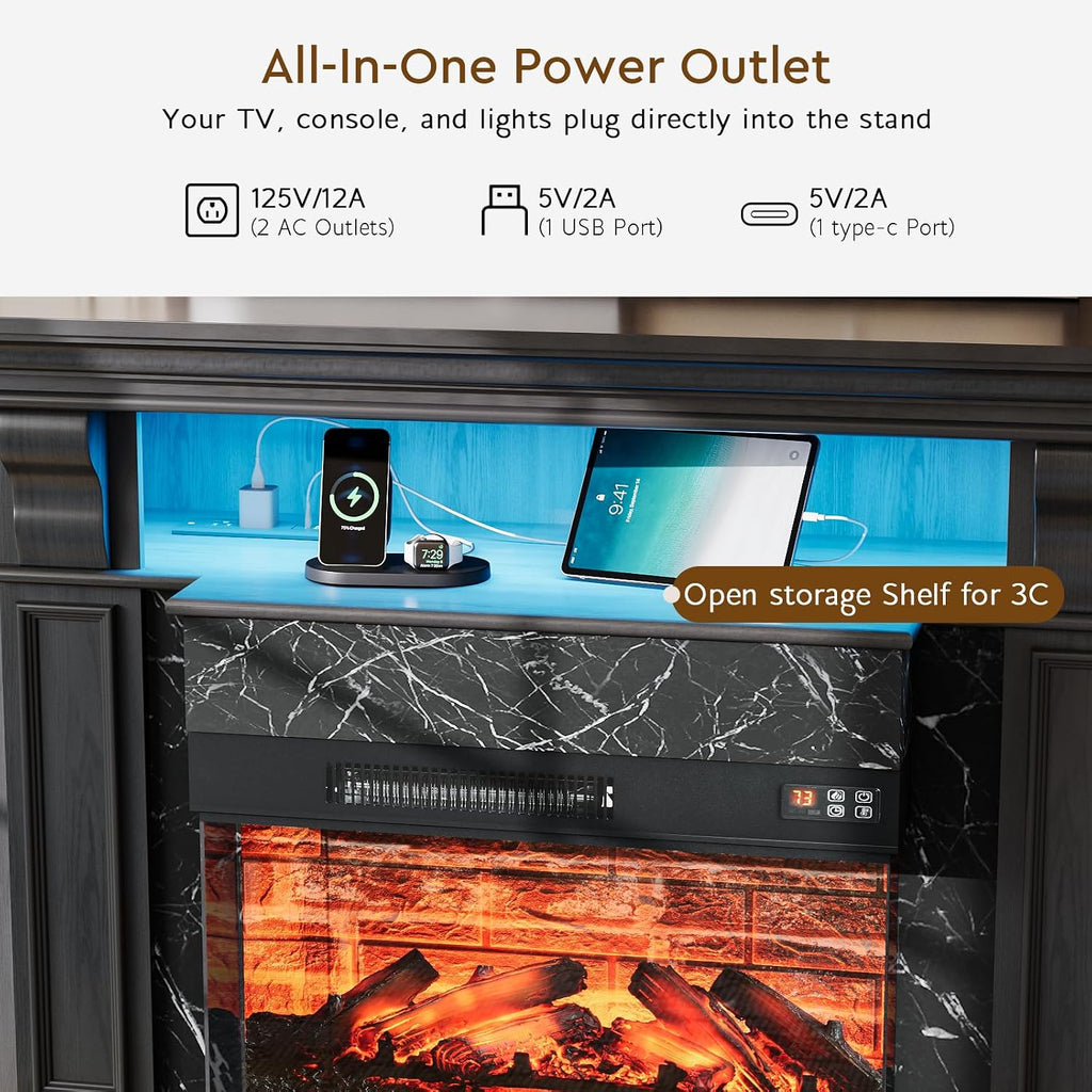 LED Electric Fireplace TV Stand with Outlet, 72'' Fireplace Mantel for TVs up to 80''