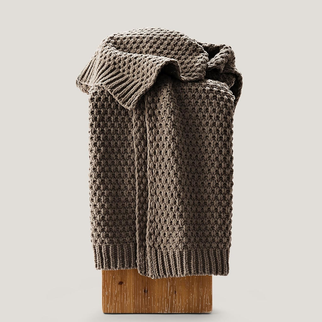 Chunky Chenille Knit Throw Blanket, Soft Luxurious Moss Stitch Blankets, Cozy Decorative Farmhouse Knitted Throws