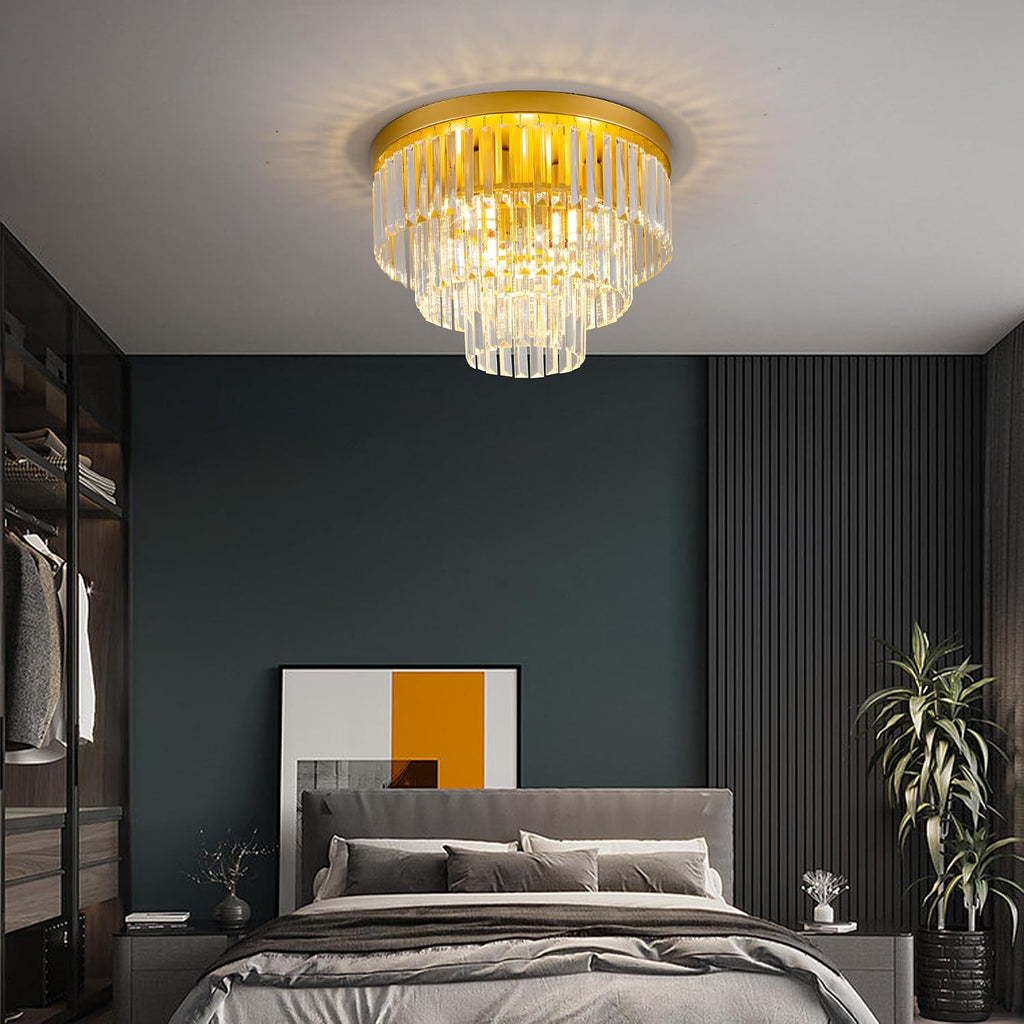 Gold Crystal Ceiling Light 17" Luxury K9 Crystal Dining Room Light 3-Tiers Modern Flush Mount Ceiling Light 4-Lights