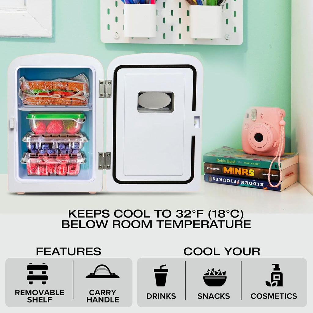 Mini Fridge - 6 Can Refrigerator for Bedroom Office, Portable Table Top Beverage Cooler, 12V 110V Refrigerador For