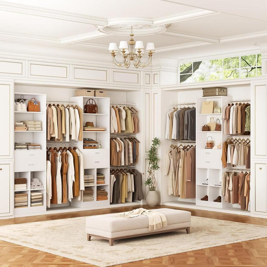 Closet System, 4-8 FT Closet Organizer Tower with 2 Wooden Drawers and Shelves, Can Fit 60 to 96 inch Walk-in Closet