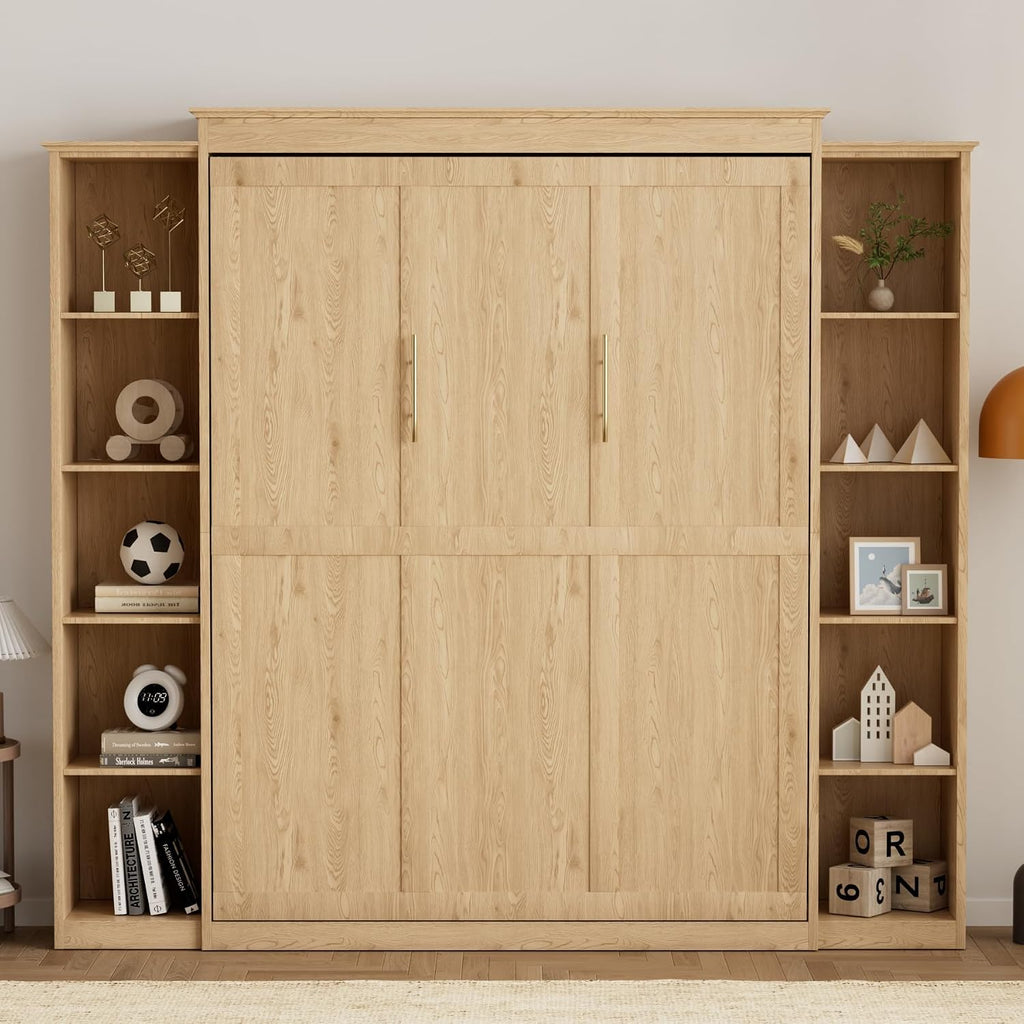 Queen Murphy Bed with 2 Storage Cabinet, Farmhouse Wood Hidden Foldable Wall Bed Frame, Space Saving Beds with