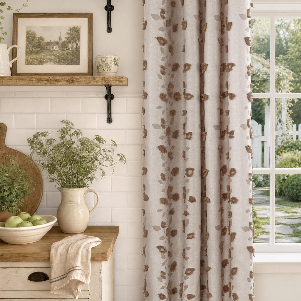 Brown Linen Curtains, Fall Boho Jacquard Leaf Botanical Pattern with Pom Pom Elegant Luxury Soft Farmhouse Vintage