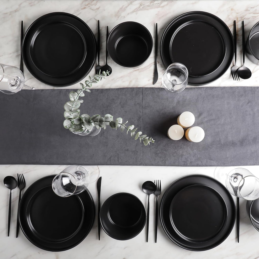 Celina Stoneware 16 Piece Modern Dinnerware Set, Plates and Bowls, Black Matte, Service for 4