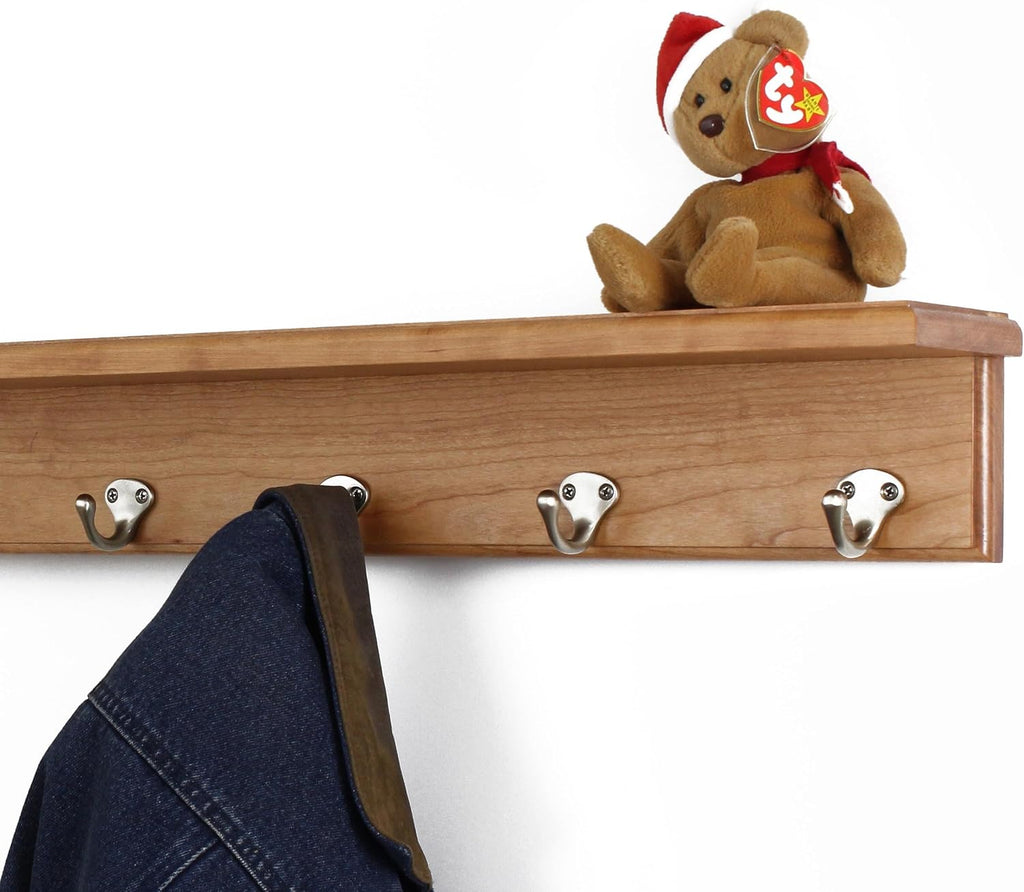 Solid Cherry Shelf Coat Rack with Satin Nickel Single Style Hooks (Cherry, 53" with 10 Hooks)