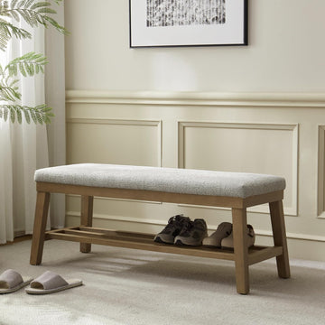 Entryway Bench, 44.4" Upholstered Shoe Storage Bench , Shoe Bench with Rubberwood Legs, Modern End of Bed Storage