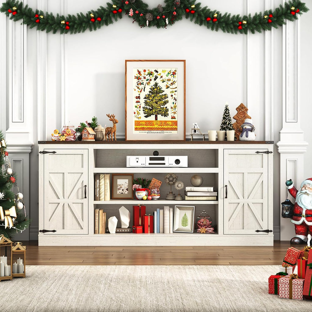 75" Farmhouse TV Stand with Power Outlets for 85 Inch TVs, 33" Tall Entertainment Center with Storage Cabinets