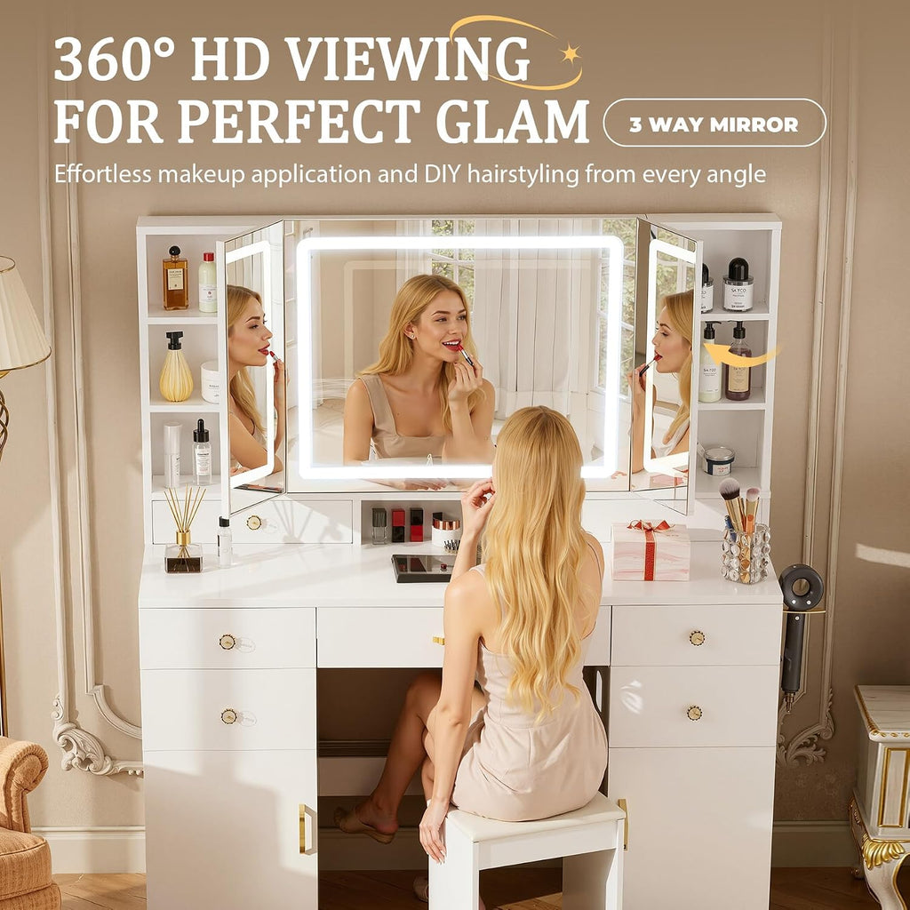 Vanity Desk with 3 Way Mirror and Lights, Large Makeup Vanity Table Set with Charging Station, 3 Lighting Modes &