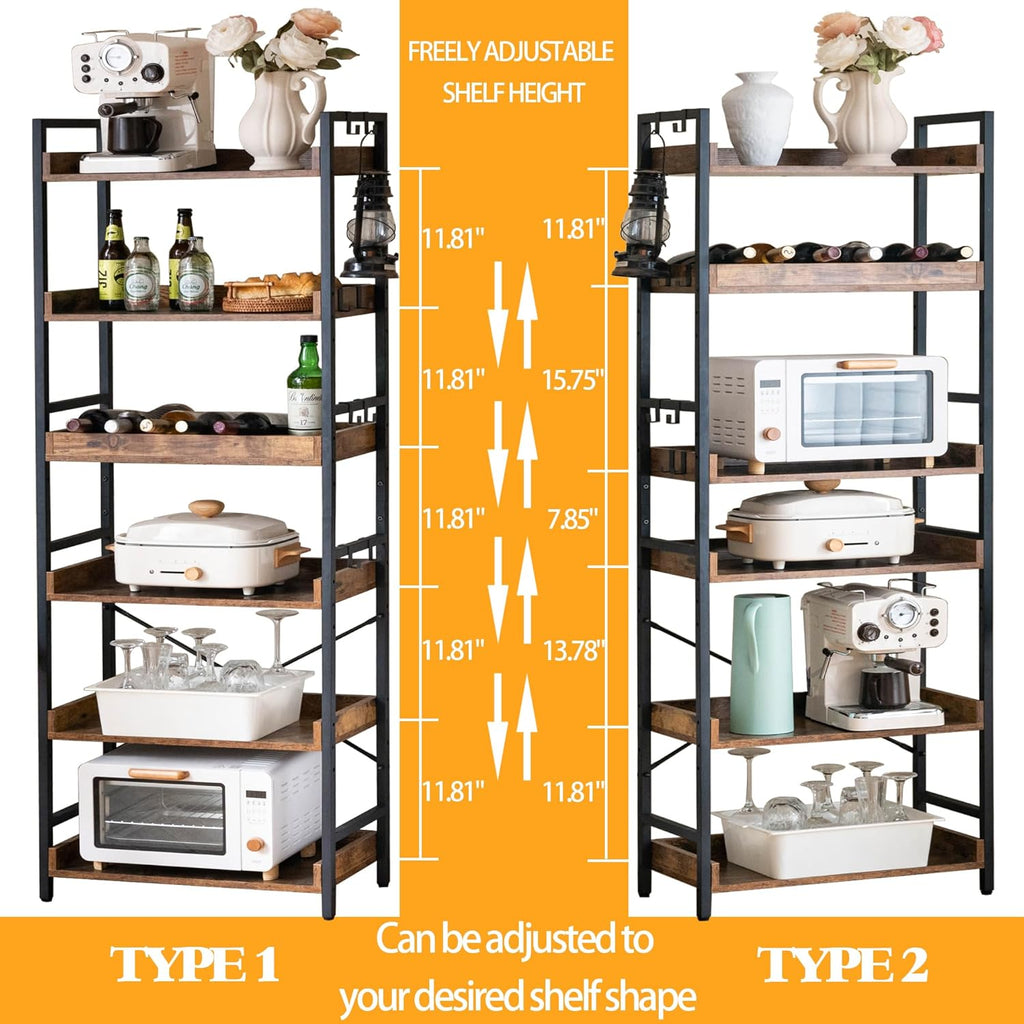 Adjustable 6 Tier Open Bookcase, Rustic Farmhouse Book Shelves, Industrial Wood and Black Metal Bookshelves