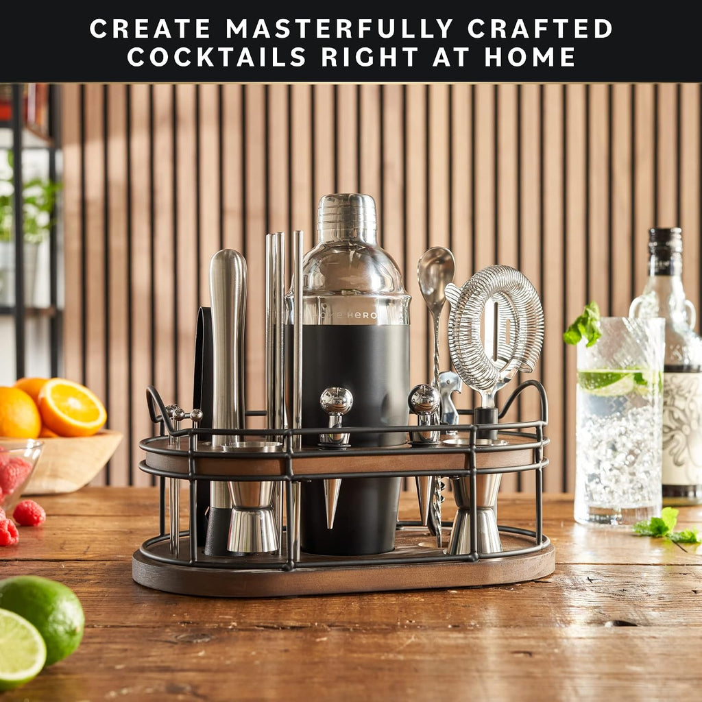 Bartender Kit - 22-Piece Cocktail Shaker & Bar Tool Set - Wooden Stand Display & Bar Cart Accessories - Recipe Book &