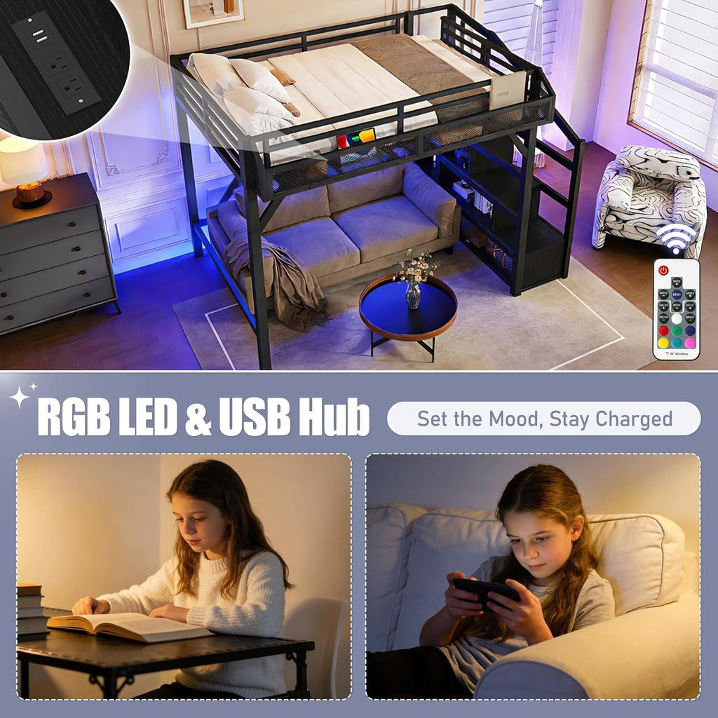 Queen Loft Bed Frame with Storage Stairs, Beside Shelf & Wardrobe, Metal Queen Loft Bed with LED Light & USB Ports
